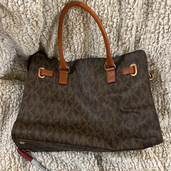 Authentic Michael Kors Dark Brown Logo Purse W/Caramel Leather Accents & Straps - Picture 3 of 11